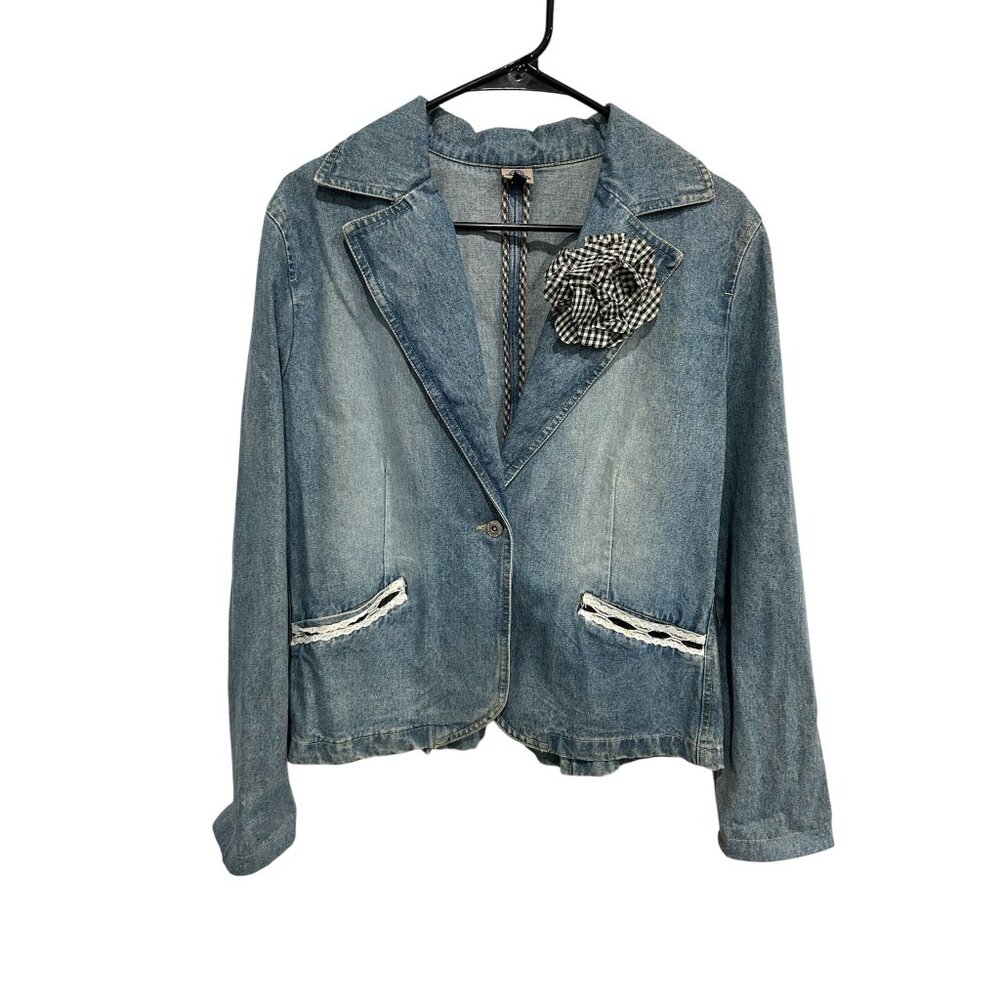 Shaver Lake Denim Blazer Jacket Gingham Flower Pin Large Casual Button Front